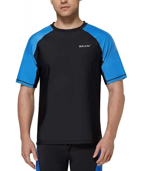 Rash Guards Men's Short Sleeve Solid Sun Protection Quick-Dry Rashguard Swim Shirt UPF 50+ - Black/Lake Blue - CJ194MH6UZE