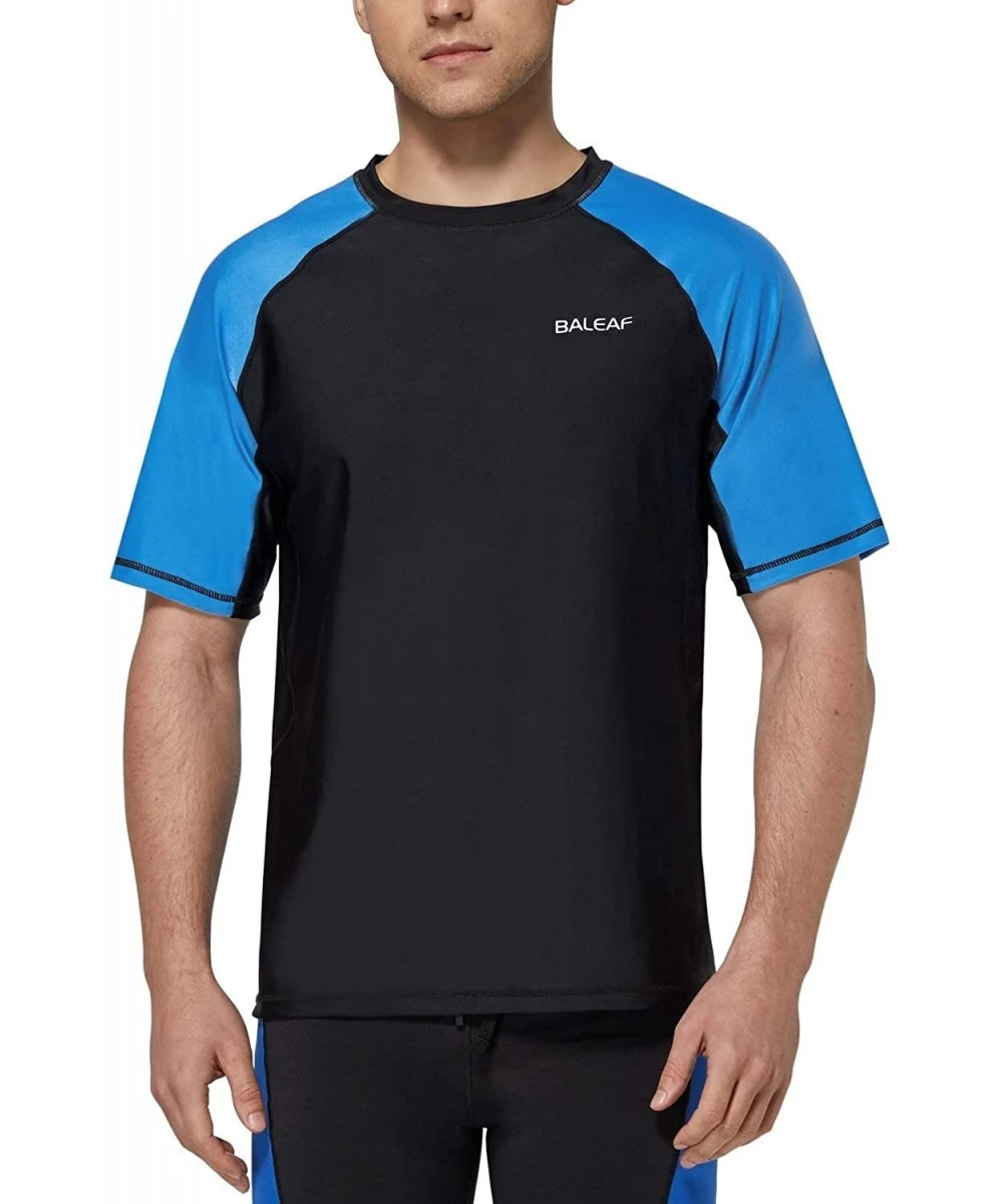 Rash Guards Men's Short Sleeve Solid Sun Protection Quick-Dry Rashguard Swim Shirt UPF 50+ - Black/Lake Blue - CJ194MH6UZE