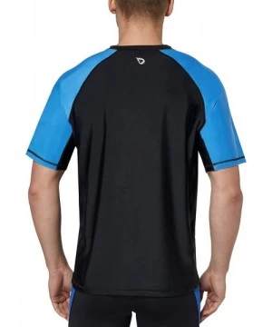 Rash Guards Men's Short Sleeve Solid Sun Protection Quick-Dry Rashguard Swim Shirt UPF 50+ - Black/Lake Blue - CJ194MH6UZE