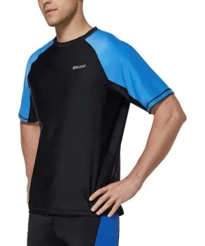 Rash Guards Men's Short Sleeve Solid Sun Protection Quick-Dry Rashguard Swim Shirt UPF 50+ - Black/Lake Blue - CJ194MH6UZE