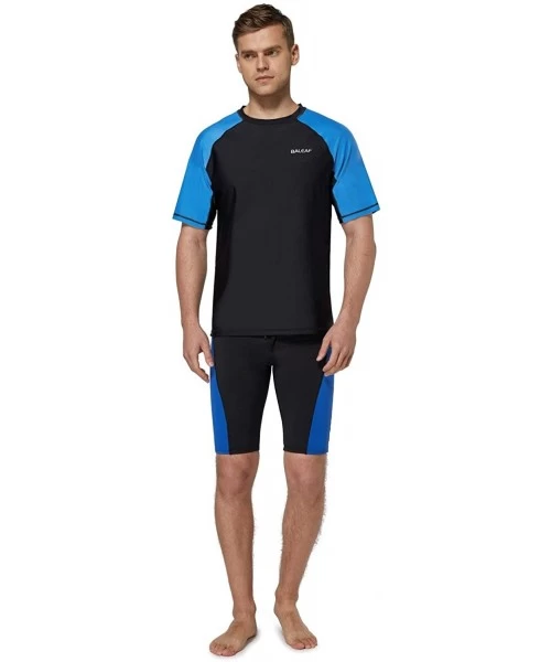 Rash Guards Men's Short Sleeve Solid Sun Protection Quick-Dry Rashguard Swim Shirt UPF 50+ - Black/Lake Blue - CJ194MH6UZE