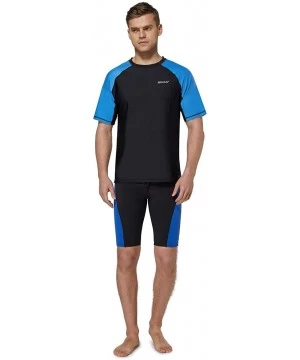 Rash Guards Men's Short Sleeve Solid Sun Protection Quick-Dry Rashguard Swim Shirt UPF 50+ - Black/Lake Blue - CJ194MH6UZE