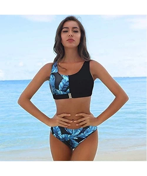 Sets Women Leopard High Waist Bikini Set Buckle Front Two Piece Swimsuit Bathing Suits Tank Top Push Up Swimwear Tankini - Bl...