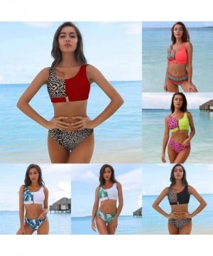 Sets Women Leopard High Waist Bikini Set Buckle Front Two Piece Swimsuit Bathing Suits Tank Top Push Up Swimwear Tankini - Bl...