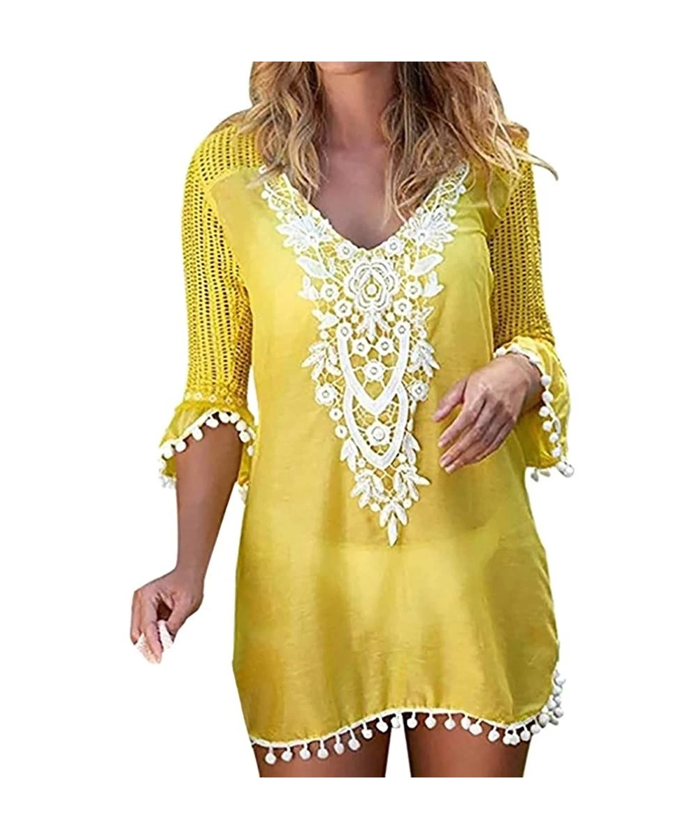 Cover-Ups Womens Pom Pom Trim Tassel Lace Crochet Swimwear Beach Cover Up Bathing Suit Beachwear - Yellow - C3190MO47RM