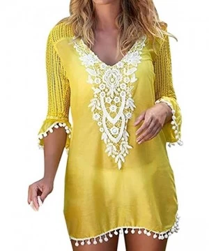 Cover-Ups Womens Pom Pom Trim Tassel Lace Crochet Swimwear Beach Cover Up Bathing Suit Beachwear - Yellow - C3190MO47RM