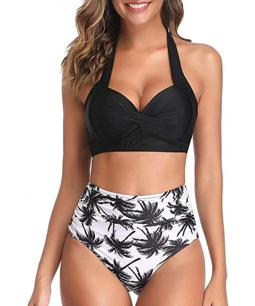 Sets Women Vintage Swimsuit Two Piece Retro Halter Ruched High Waist Print Bikini Set - Black - CB194209OZN