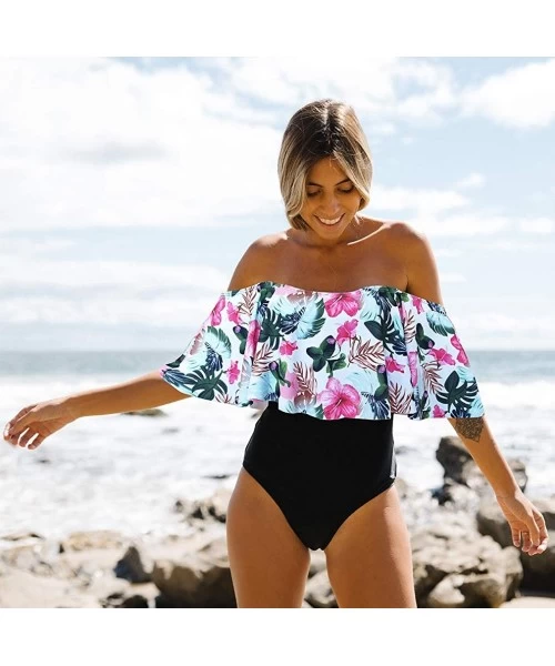 One-Pieces One Piece Off Shoulder Flounce Swimsuit Women Tummy Control Ruffle Bathing Suit - Print10 - CR19G855E4H