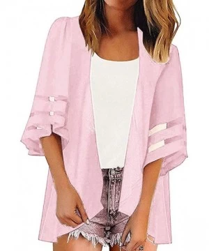 Cover-Ups Women Solid Color Top AmyDong Women Beach Wear Mesh Panel 3/4 Bell Sleeve Fashion Loose Chiffon Kimono Cardigan Pin...