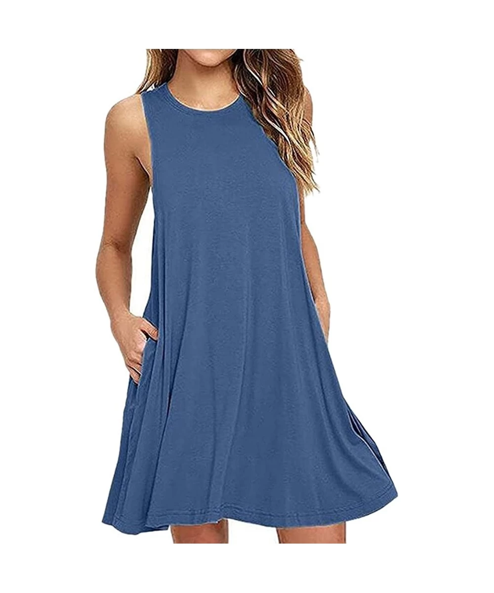 Cover-Ups Women Sleeveless Summer Casual Dresses Beach Cover Up Plain Pleated Tank Dress Cotton - 01 Beja Blue - CR18G75CUDI