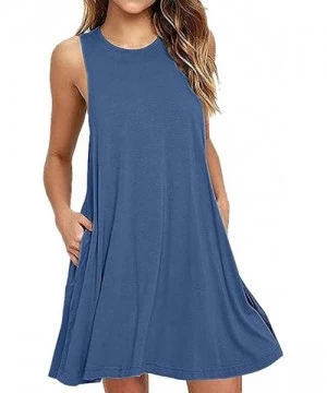 Cover-Ups Women Sleeveless Summer Casual Dresses Beach Cover Up Plain Pleated Tank Dress Cotton - 01 Beja Blue - CR18G75CUDI