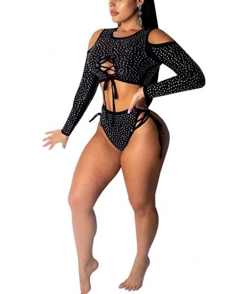 Sets Womens Sexy Two Piece Swimsuit Bathing Suits Sequin Rhinestone Mesh See Through Bikini Set - Black2 - C818SGMTD6U