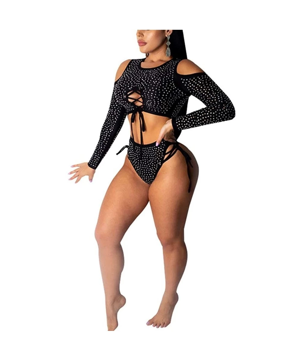 Sets Womens Sexy Two Piece Swimsuit Bathing Suits Sequin Rhinestone Mesh See Through Bikini Set - Black2 - C818SGMTD6U