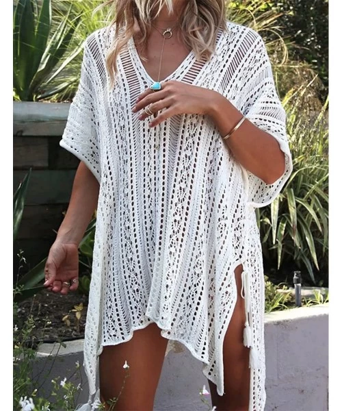 Cover-Ups Women's Crochet V-Neck Swimsuit Batwings Bikini Swimwear Cover up Summer Beach - White - CJ18E640QI3