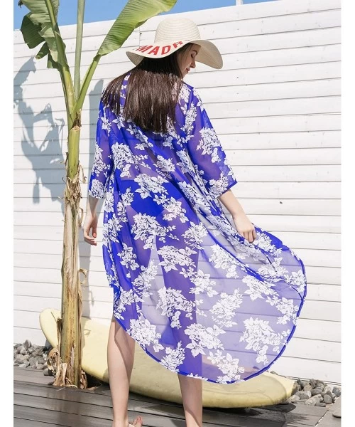 Cover-Ups Women's Floral Kimono Cardigan Swimsuit Beach Cover up with Open Front Dress Beachwear for Summer - Royal Blue - C6...