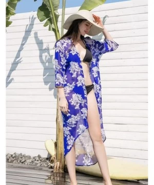 Cover-Ups Women's Floral Kimono Cardigan Swimsuit Beach Cover up with Open Front Dress Beachwear for Summer - Royal Blue - C6...