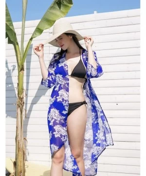 Cover-Ups Women's Floral Kimono Cardigan Swimsuit Beach Cover up with Open Front Dress Beachwear for Summer - Royal Blue - C6...