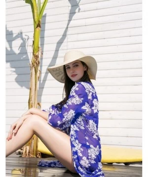 Cover-Ups Women's Floral Kimono Cardigan Swimsuit Beach Cover up with Open Front Dress Beachwear for Summer - Royal Blue - C6...