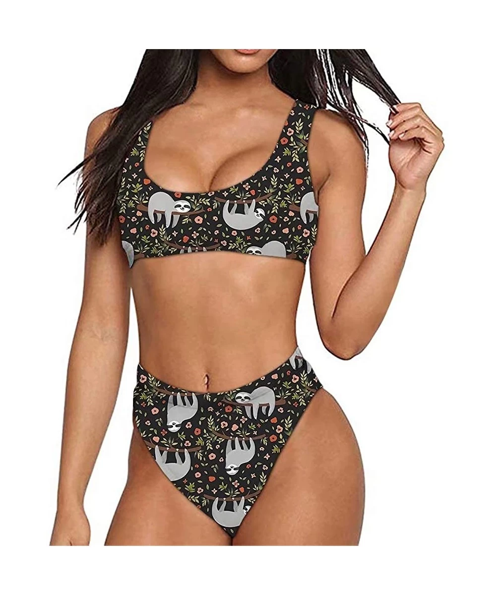 Sets Bikini Set Women Swimwear Two-Piece Push Up Tankini Bathing Suits High Waist Swimsuit - Sloth Black - CX1960YWQO7