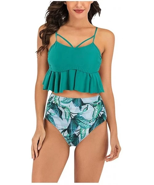 Tops Womens High Waisted Tankini Suits Ruffled Flounce Top Bathing Suits Flower Bottom Bikini Set Ladies Two Piece Swimwear -...