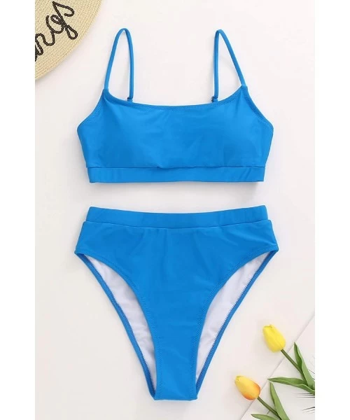 Sets Womens High Waisted Swimsuits Bottom Padded Bathing Suits Bikini Sets Top Two Piece Swimwear - Blue - C8194YCXG4W