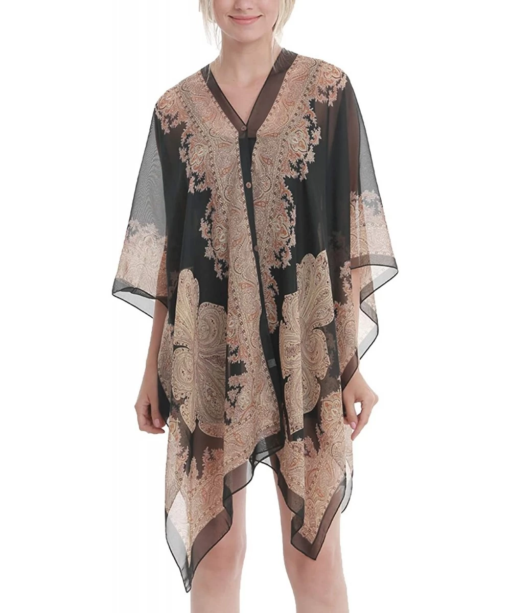 Cover-Ups Women's Floral Kimono Chiffon Sheer Plus Size Beach Cover Up Swimsuit Summer Swimwear for Bikini Black Gold Florals...