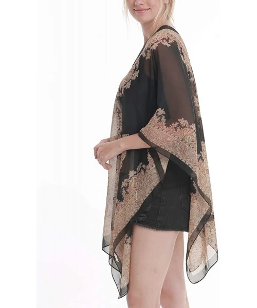 Cover-Ups Women's Floral Kimono Chiffon Sheer Plus Size Beach Cover Up Swimsuit Summer Swimwear for Bikini Black Gold Florals...