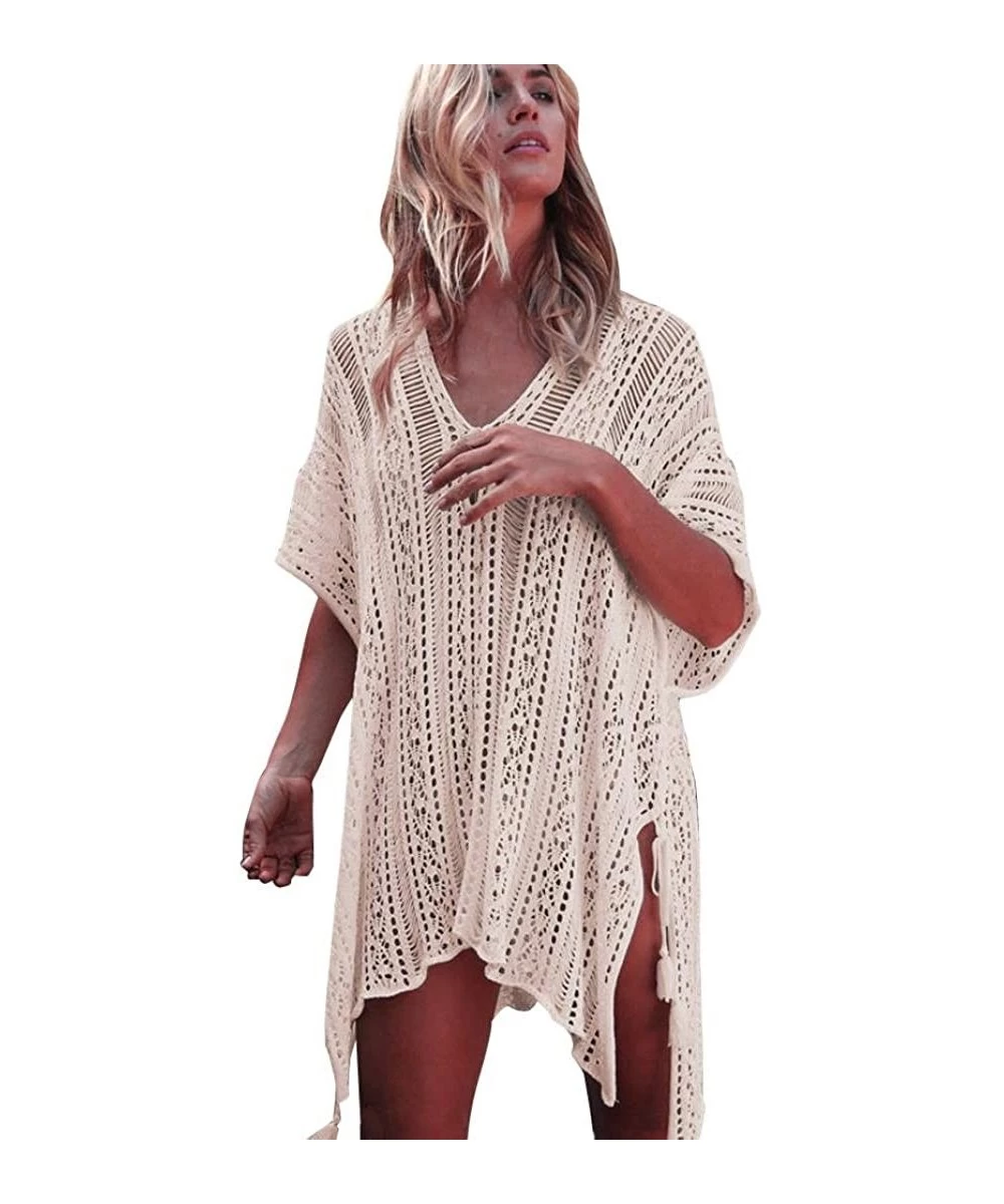 Cover-Ups Women Bathing Beach Cover Up Dress Bikini Swimsuit Smock Swimwear Crochet Smock - Beige - CK18C3G8NQ0