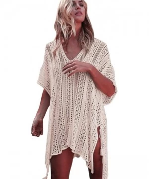 Cover-Ups Women Bathing Beach Cover Up Dress Bikini Swimsuit Smock Swimwear Crochet Smock - Beige - CK18C3G8NQ0