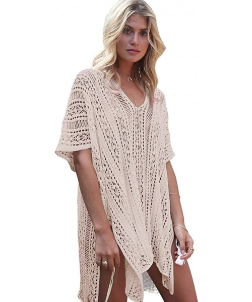 Cover-Ups Women Bathing Beach Cover Up Dress Bikini Swimsuit Smock Swimwear Crochet Smock - Beige - CK18C3G8NQ0