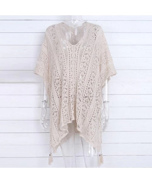 Cover-Ups Women Bathing Beach Cover Up Dress Bikini Swimsuit Smock Swimwear Crochet Smock - Beige - CK18C3G8NQ0