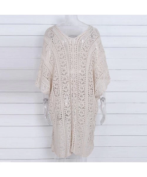 Cover-Ups Women Bathing Beach Cover Up Dress Bikini Swimsuit Smock Swimwear Crochet Smock - Beige - CK18C3G8NQ0