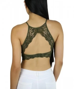 Tops Women's Keyhole High Neck Stretch Lace Bralette with Lined Cups - Dark Olive - CX18U4I5AXO