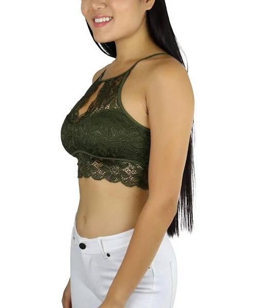 Tops Women's Keyhole High Neck Stretch Lace Bralette with Lined Cups - Dark Olive - CX18U4I5AXO