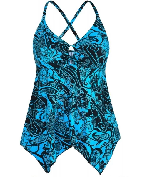 Tops Women's Front Tie Swim Top Cross Back Tankini Top Flowy Swimdress Tummy Control - Lake Blue Floral - CK18AS83E6C