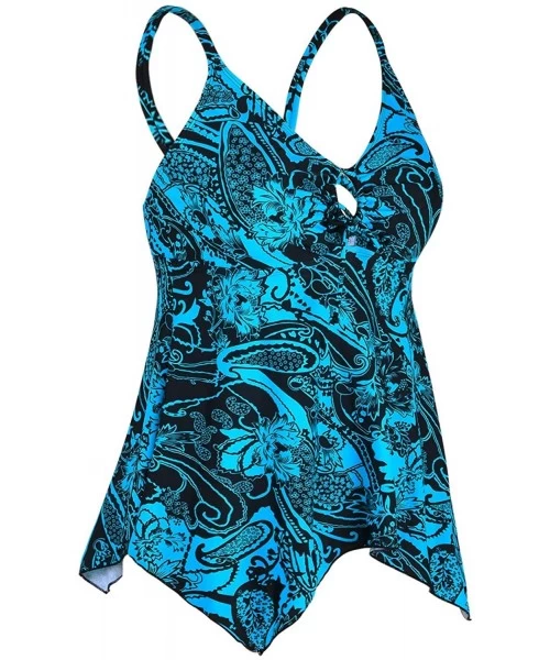 Tops Women's Front Tie Swim Top Cross Back Tankini Top Flowy Swimdress Tummy Control - Lake Blue Floral - CK18AS83E6C