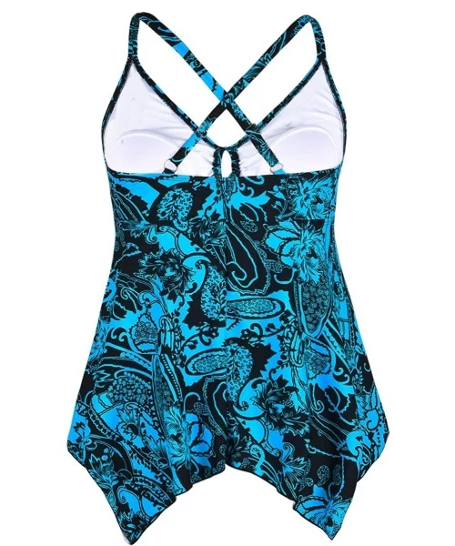 Tops Women's Front Tie Swim Top Cross Back Tankini Top Flowy Swimdress Tummy Control - Lake Blue Floral - CK18AS83E6C