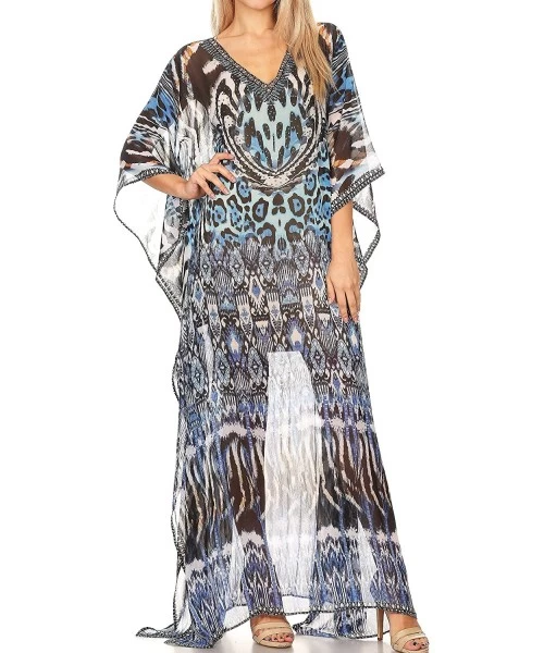 Cover-Ups Wilder Printed Design Long Sheer Rhinestone Caftan Dress/Cover Up - 17144-blackwhitetuq - CA1850TOEE6