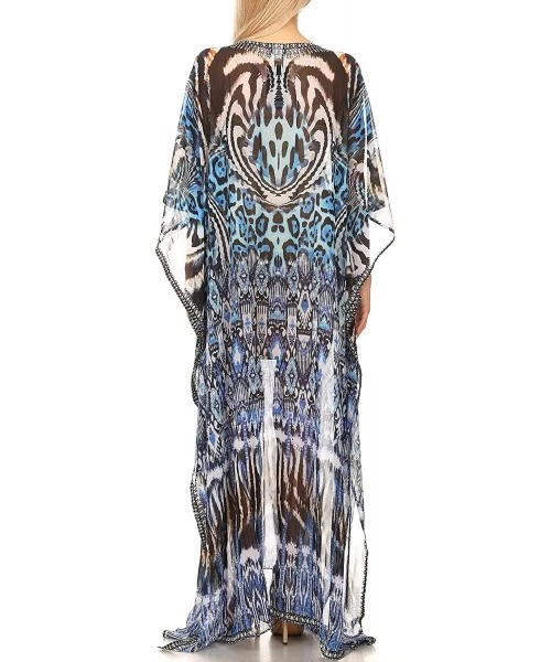 Cover-Ups Wilder Printed Design Long Sheer Rhinestone Caftan Dress/Cover Up - 17144-blackwhitetuq - CA1850TOEE6