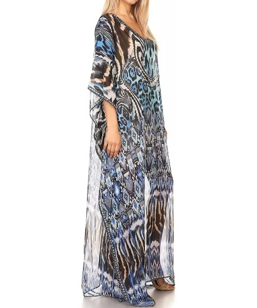 Cover-Ups Wilder Printed Design Long Sheer Rhinestone Caftan Dress/Cover Up - 17144-blackwhitetuq - CA1850TOEE6