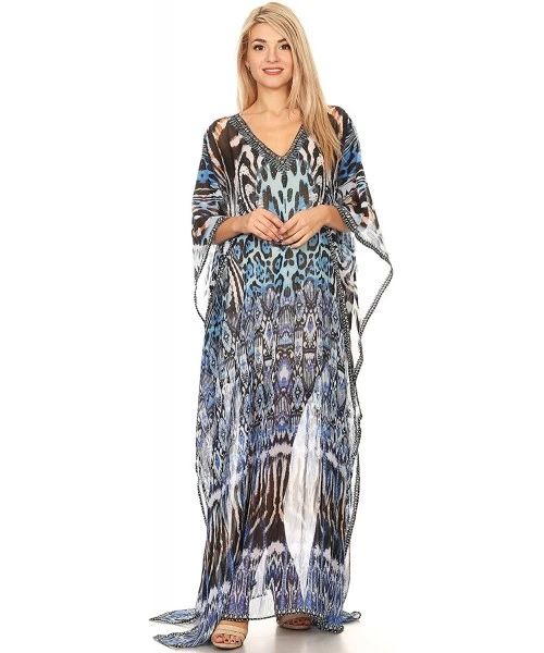 Cover-Ups Wilder Printed Design Long Sheer Rhinestone Caftan Dress/Cover Up - 17144-blackwhitetuq - CA1850TOEE6