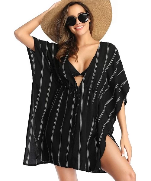 Cover-Ups Women Cover Ups Swimsuit Casual Loose Beach Dress Loose Tops Oversized Striped Beachwear Bikini Cover ups - Black -...