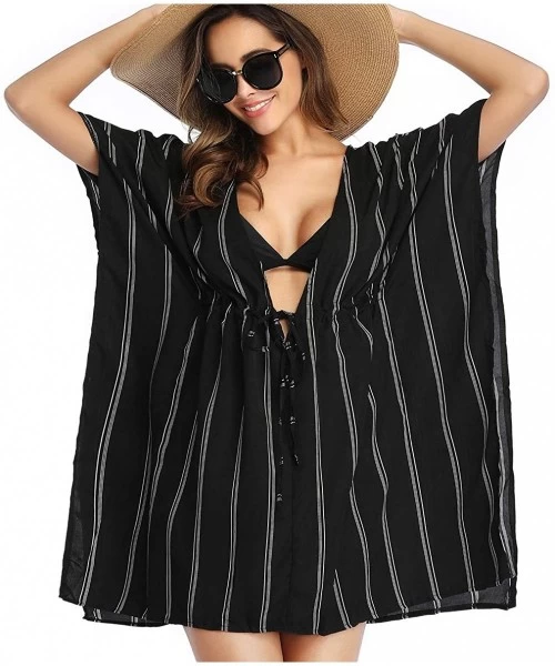 Cover-Ups Women Cover Ups Swimsuit Casual Loose Beach Dress Loose Tops Oversized Striped Beachwear Bikini Cover ups - Black -...