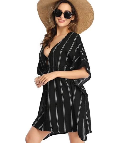 Cover-Ups Women Cover Ups Swimsuit Casual Loose Beach Dress Loose Tops Oversized Striped Beachwear Bikini Cover ups - Black -...