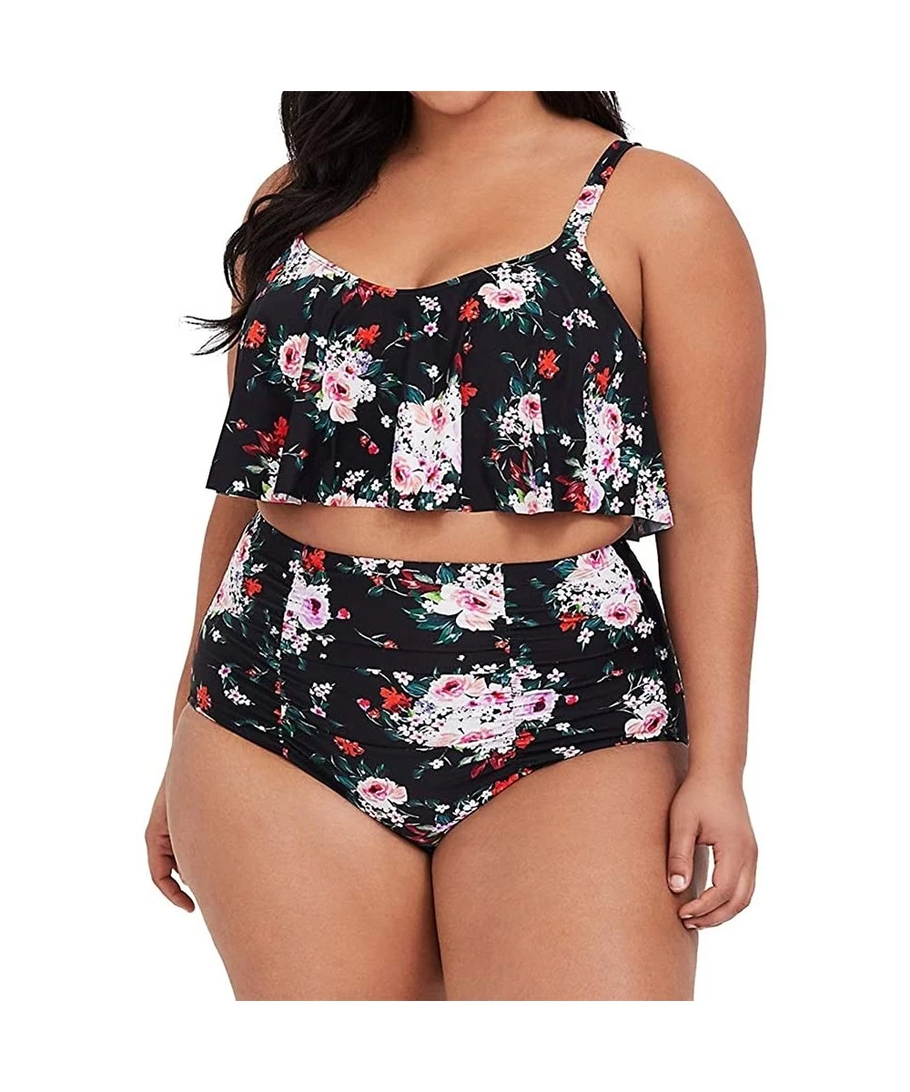 Sets Women Plus Size Floral High Waisted Swimsuit Retro Ruffle Two Piece Bathing Suit Swimwear - Black - CK18QR6XDKM