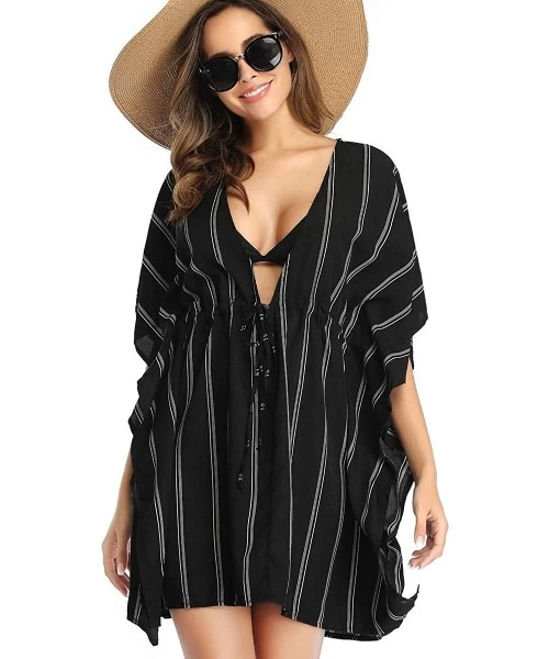 Cover-Ups Women Cover Ups Swimsuit Casual Loose Beach Dress Loose Tops Oversized Striped Beachwear Bikini Cover ups - Black -...