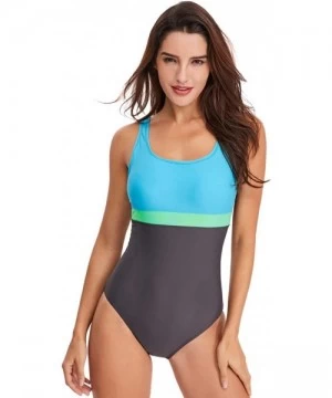 One-Pieces Women's Athletic One-Piece Swimsuits Racing Water Exercises Bathing Suit - Gray+blue - CE196SQG8UO