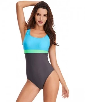 One-Pieces Women's Athletic One-Piece Swimsuits Racing Water Exercises Bathing Suit - Gray+blue - CE196SQG8UO