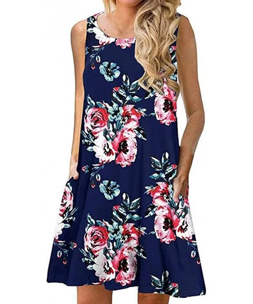 Cover-Ups Women Sleeveless Summer Casual Dresses Beach Cover Up Plain Pleated Tank Dress Cotton - 02 Navy Blue Floral - C118S...