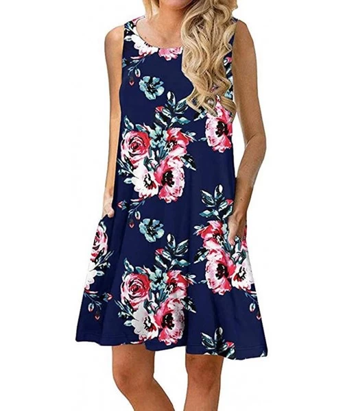 Cover-Ups Women Sleeveless Summer Casual Dresses Beach Cover Up Plain Pleated Tank Dress Cotton - 02 Navy Blue Floral - C118S...